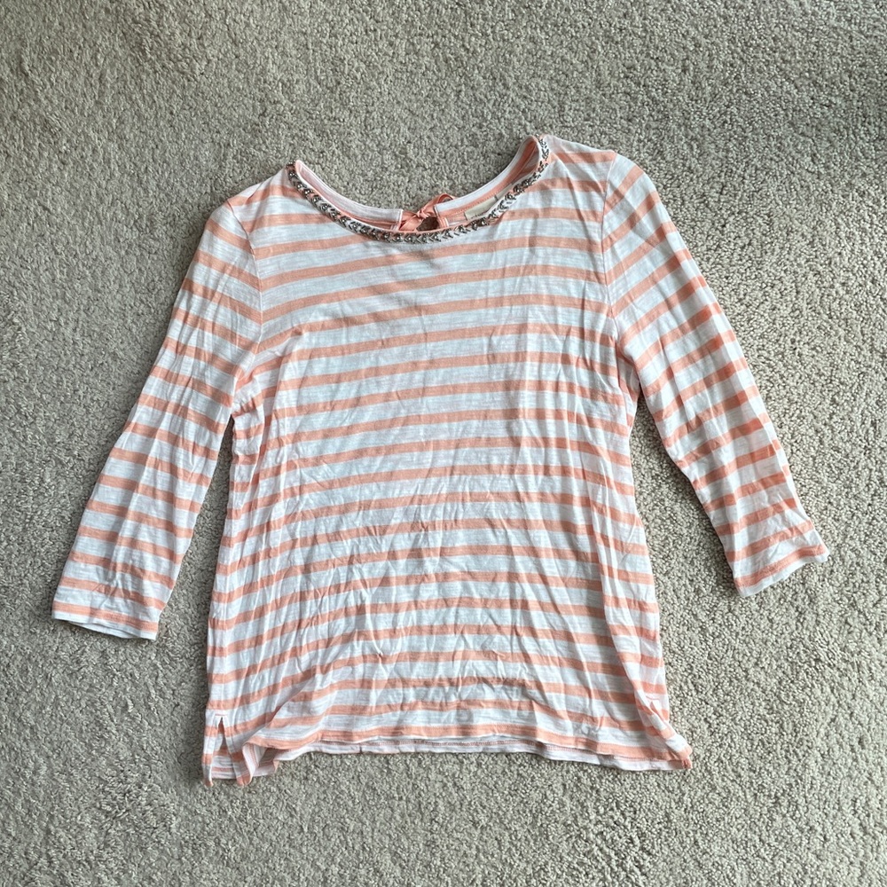 Chico's Peach Striped Casual Beads Sparkle Long-Sleeve Top Size 2 (Large)